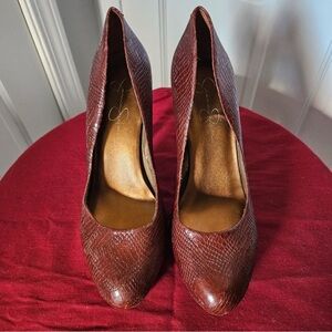 Jessica Simpson Brown Snake-Embossed Pointed-Toe High Heels